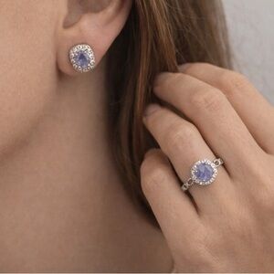 Natural Tanzanite Gemstone Earring & Ring Set | White Gold Plated | Minimalist